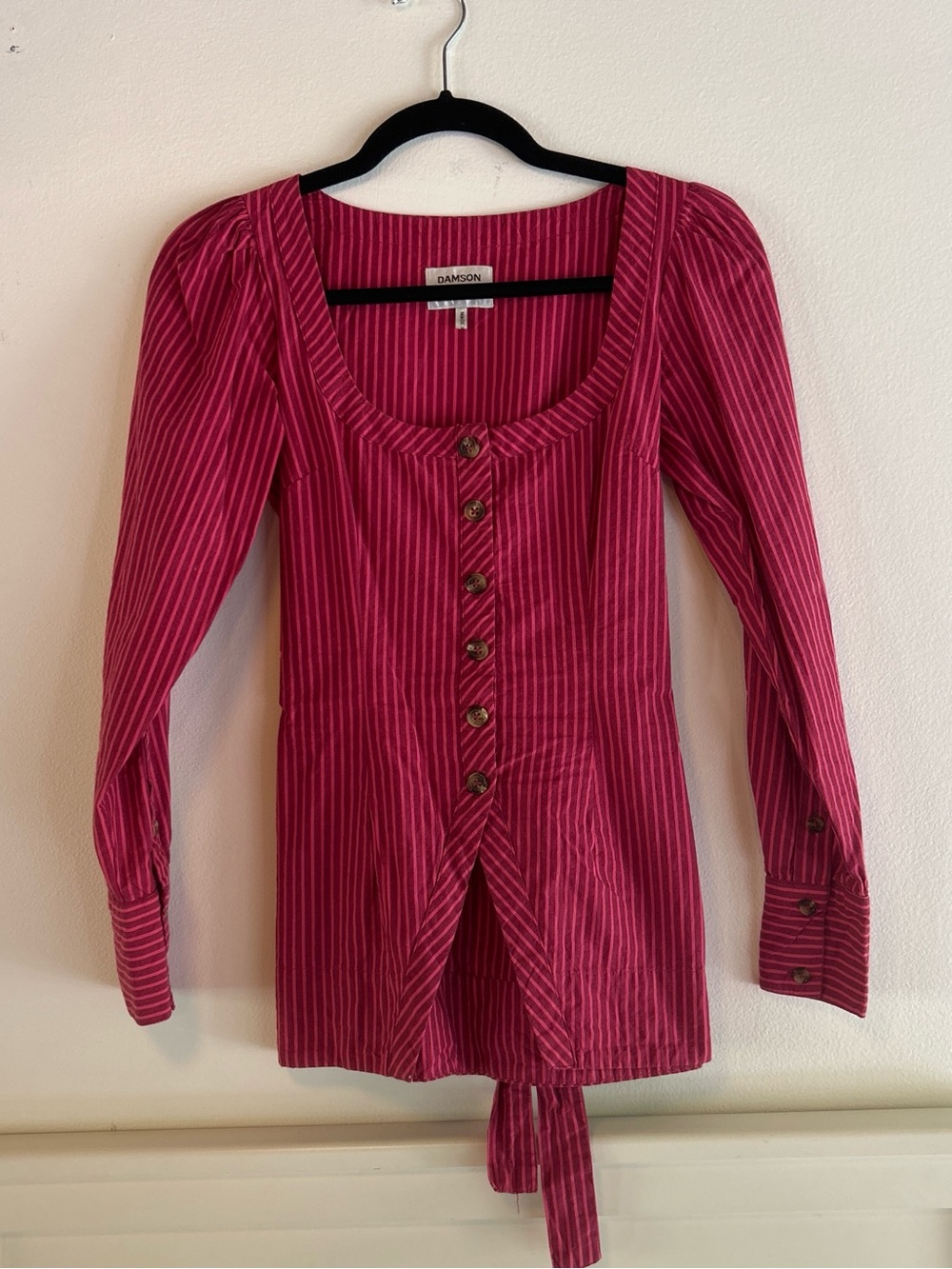 Damson Madder Clare magenta striped button down long sleeve blouse